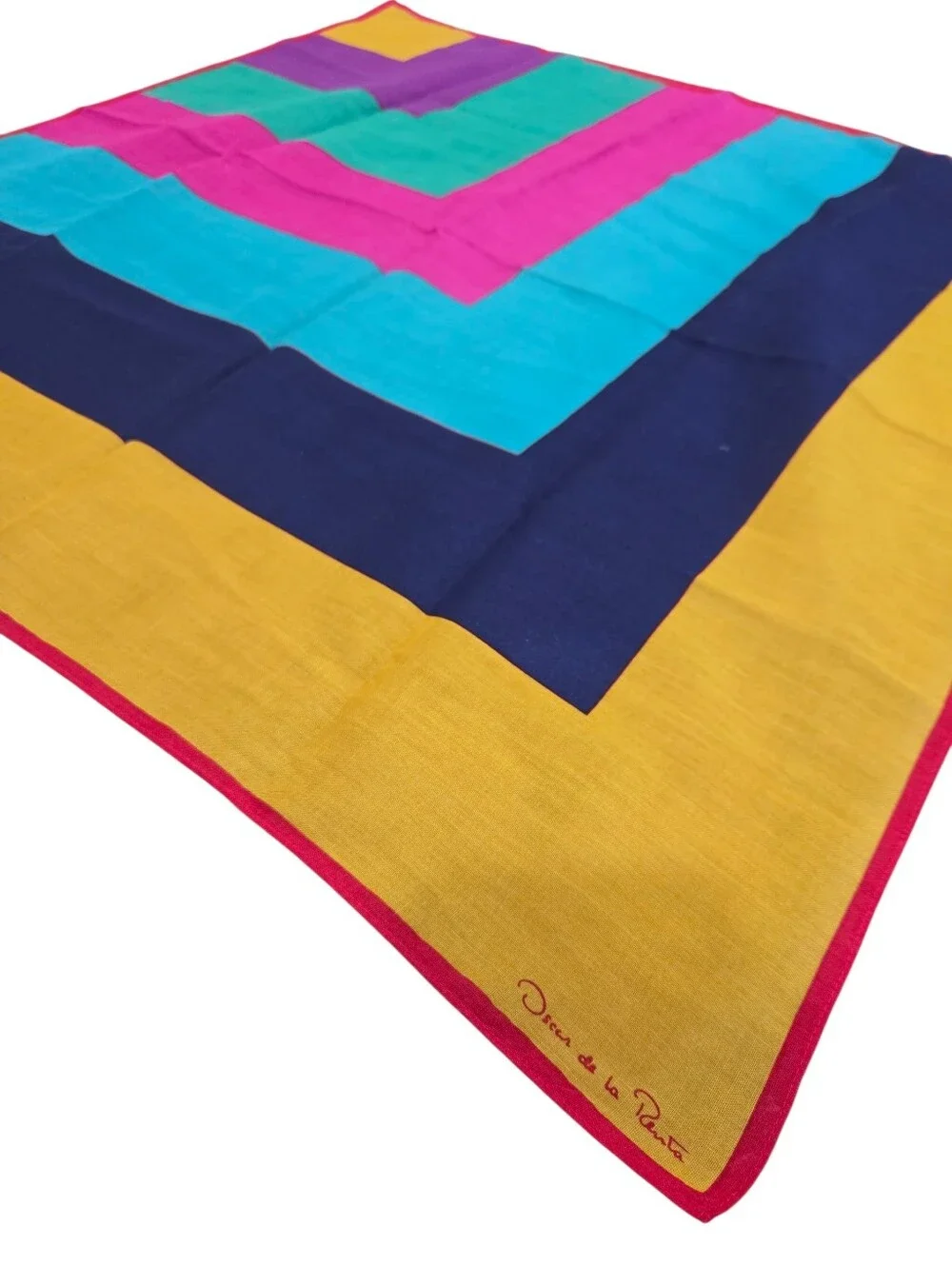Oscar de la Renta Vintage Silk Scarf Colorblock Yellow Turquoise Pink